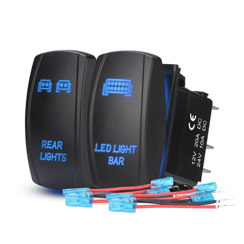 Weasch 2 Pack Rear Lights Rocker Switch Led Light Bar Rocker Switch, Laser On/Off SPST 5Pin Waterproof, 20A/12V 10A/24V, with Jumper Wires for Automotive Boat Marine Truck Jeep, Blue - Image 1